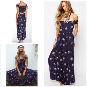 Free People Grey Blue Floral Cut Out Smock Aster Navy Jumpsuit Small​​​​